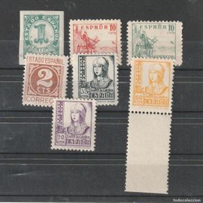 Sellos: R.78 / Edifil 814 y 6 más. 7 sellos diferentes, cifras, Cid e Isabel la Católica. SIN/F.